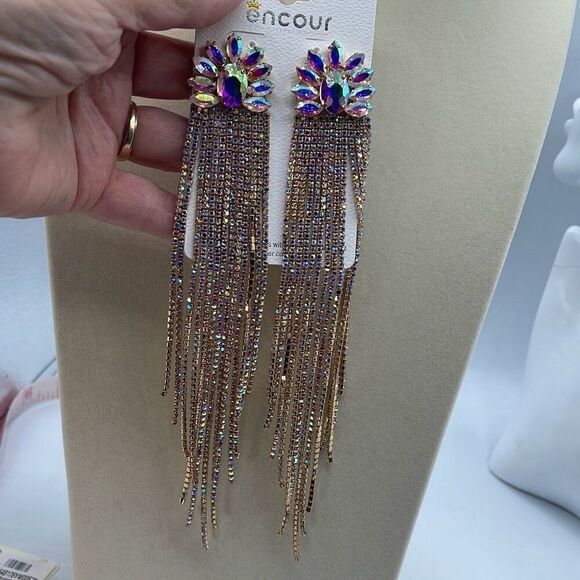 NEW Encour 8” AB rainbow fringe earrings. Special event glam. - Picture 5 of 9